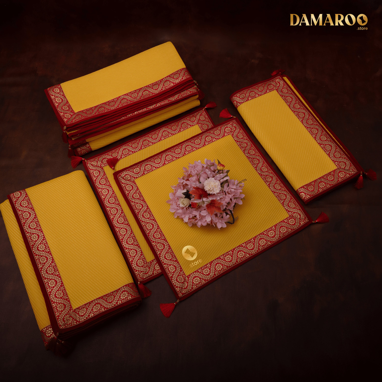 Damaroo Combo Pack of 5 | Graceful Nylon Pooja Aasan & Mat | Red & Subtle Golden Trim & Tassels - Mango yellow - 2x2 ft, 2x4 ft, 4x6 ft & 6x8 ft