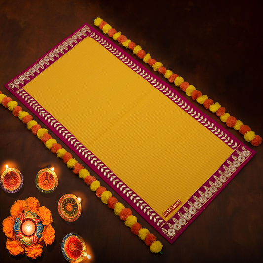 Damaroo 2x4 ft | Regal Nylon Pooja Mat | Pink Sequins & Gotapatti Border - Mango Yellow - 2x4 ft - 24x48 inch
