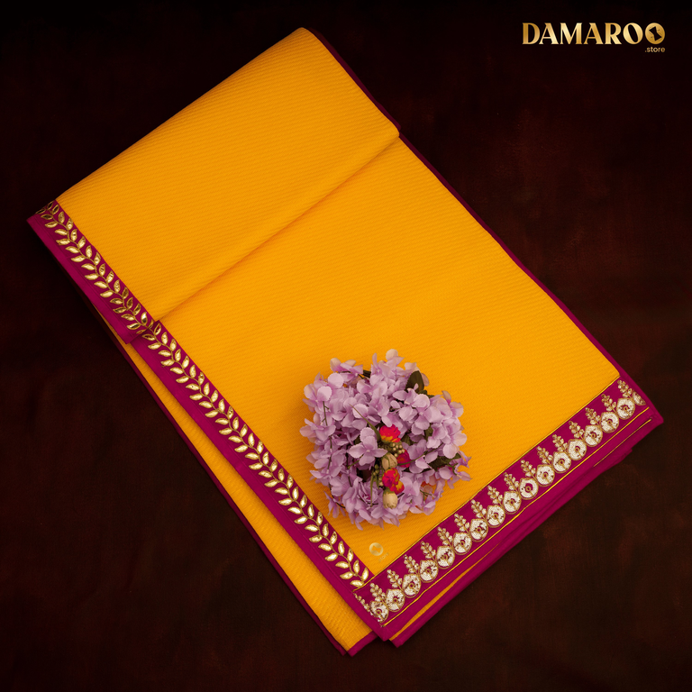 Damaroo 6x8 ft | Regal Nylon Area Rug Mat | Pink Sequins & Gotapatti Border - Mango Yellow - 6x8 ft - 72x96 inch