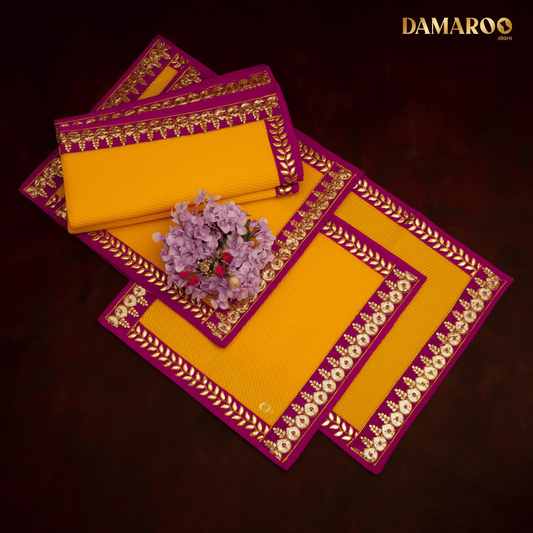 Damaroo Combo Pack of 4 | Regal Nylon Pooja Aasan & Mat | Pink Sequins & Gotapatti Border - Mango Yellow - 2x2 ft, 2x4 ft & 4x6 ft