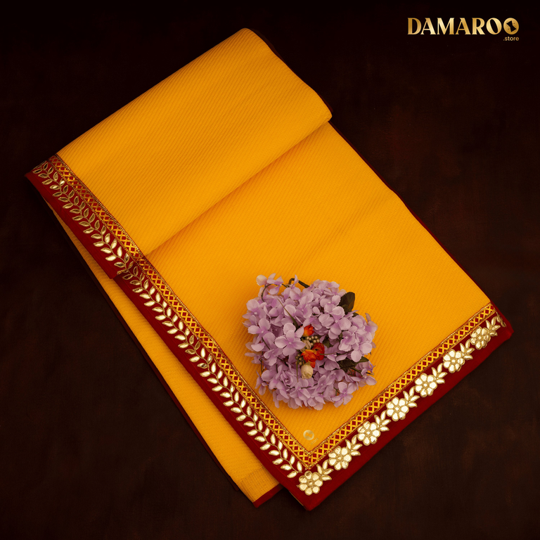 Damaroo 6x8 ft | Classic Nylon Pooja Mat | Red Gotapatti Border - Mango Yellow - 6x8 ft - 72x96 inch
