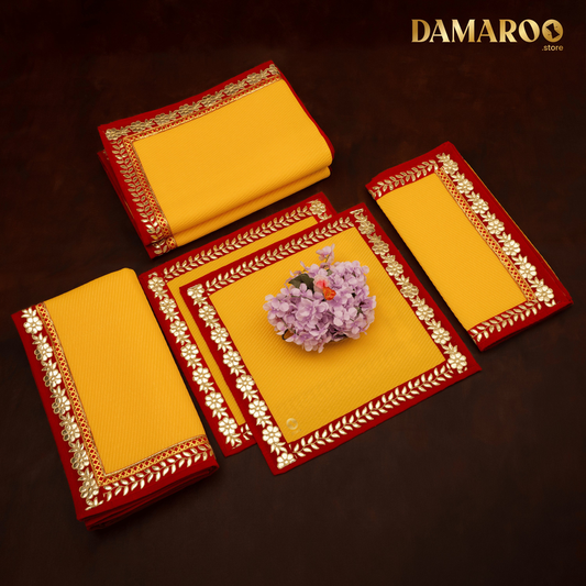 Damaroo Combo Pack of 5 | Classic Nylon Pooja Aasan & Mat | Red Gotapatti Border - Mango Yellow - 2x2 ft, 2x4 ft, 4x6 ft & 6x8 ft