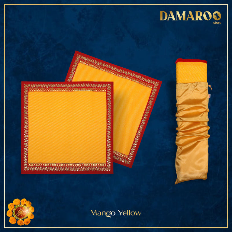 Damaroo Set of 2 | 2x2 ft | Exquisite Nylon Pooja Aasan | Red Sequins Border - Mango Yellow - 2x2 ft - 24x24 inch
