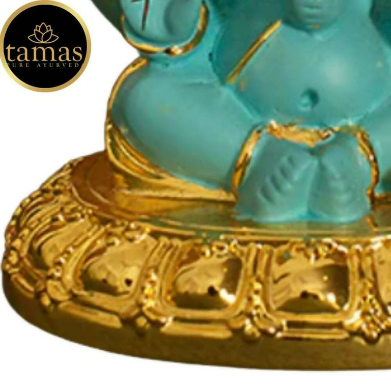 Tamas Gold-Polished Gaj Karna Ganesh Idol Flora Blue & Gold Color - 158 gm