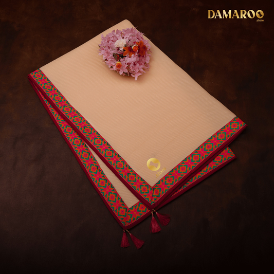 Damaroo 4x6 ft | Ornate Nylon Pooja Mat | Jacquard Pink Trim & Tassels - Peach - 4x6 ft - 48x72 inch
