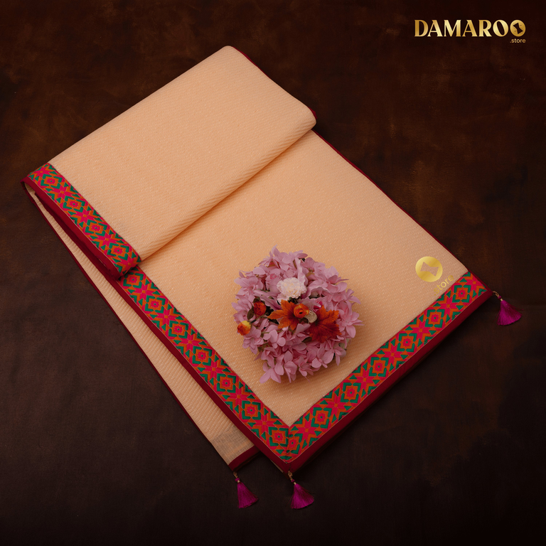 Damaroo 6x8 ft | Ornate Nylon Pooja Mat | Jacquard Pink Trim & Tassels - Peach - 6x8 ft - 72x96 inch