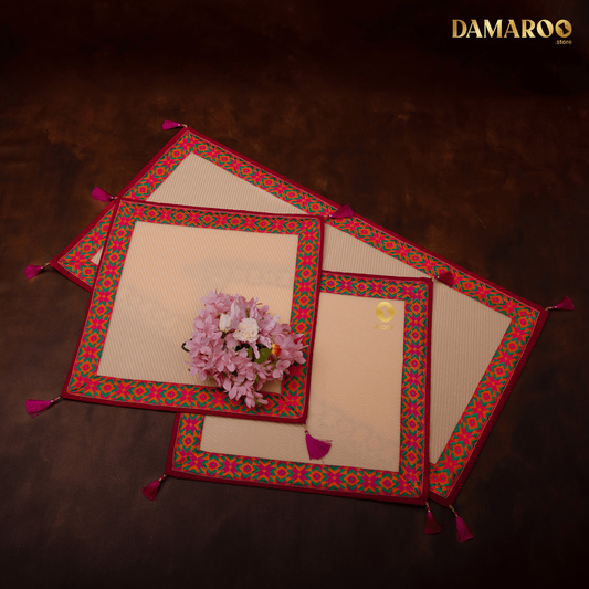 Damaroo Combo Pack of 3 | Ornate Nylon Aasans & Mat | Jacquard Pink Trim & Tassels - Peach - 2x2 ft & 2x4 ft