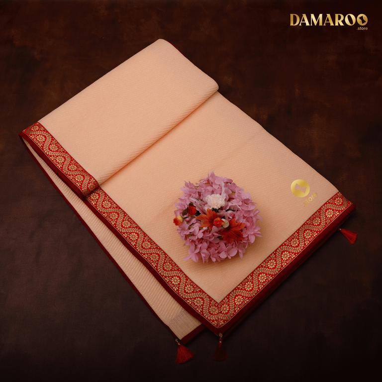 Damaroo 6x8 ft | Graceful Nylon Pooja Mat | Red & Subtle Golden Trim & Tassels - Peach - 6x8 ft - 72x96 inch