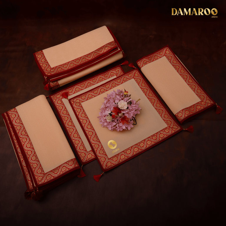 Damaroo Combo Pack of 5 | Graceful Nylon Pooja Aasan & Mat | Red & Subtle Golden Trim & Tassels - Peach - 2x2 ft, 2x4 ft, 4x6 ft & 6x8 ft
