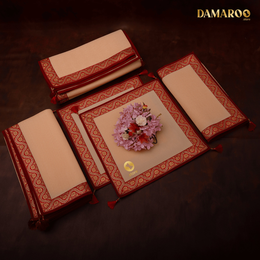 Damaroo Combo Pack of 5 | Graceful Nylon Pooja Aasan & Mat | Red & Subtle Golden Trim & Tassels - Peach - 2x2 ft, 2x4 ft, 4x6 ft & 6x8 ft