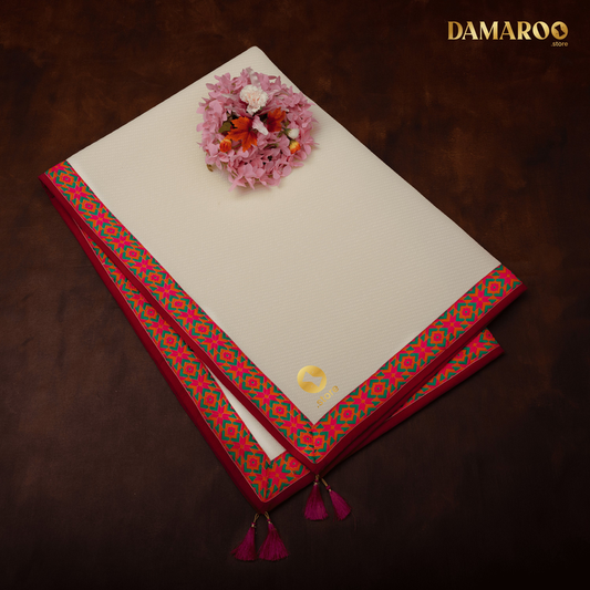 Damaroo 4x6 ft | Ornate Nylon Pooja Mat | Jacquard Pink Trim & Tassels - Cream - 4x6 ft - 48x72 inch