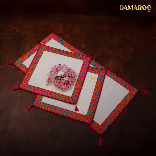 Damaroo Combo Pack of 3 | Ornate Nylon Aasans & Mat | Jacquard Pink Trim & Tassels - Cream - 2x2 ft & 2x4 ft