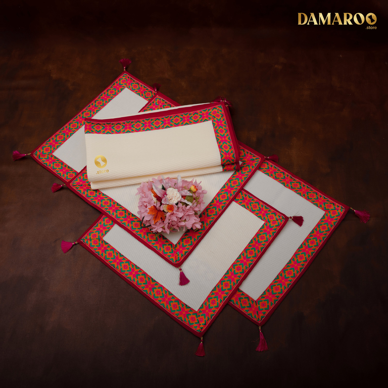 Damaroo Combo Pack of 4 | Ornate Nylon Pooja Aasan & Mat | Jacquard Pink Trim & Tassels - Cream - 2x2 ft, 2x4 ft & 4x6 ft