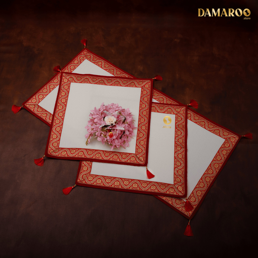 Damaroo Combo Pack of 3 | Graceful Nylon Aasan & Mat | Red & Subtle Golden Trim & Tassels - Cream - 2x2 ft & 2x4 ft