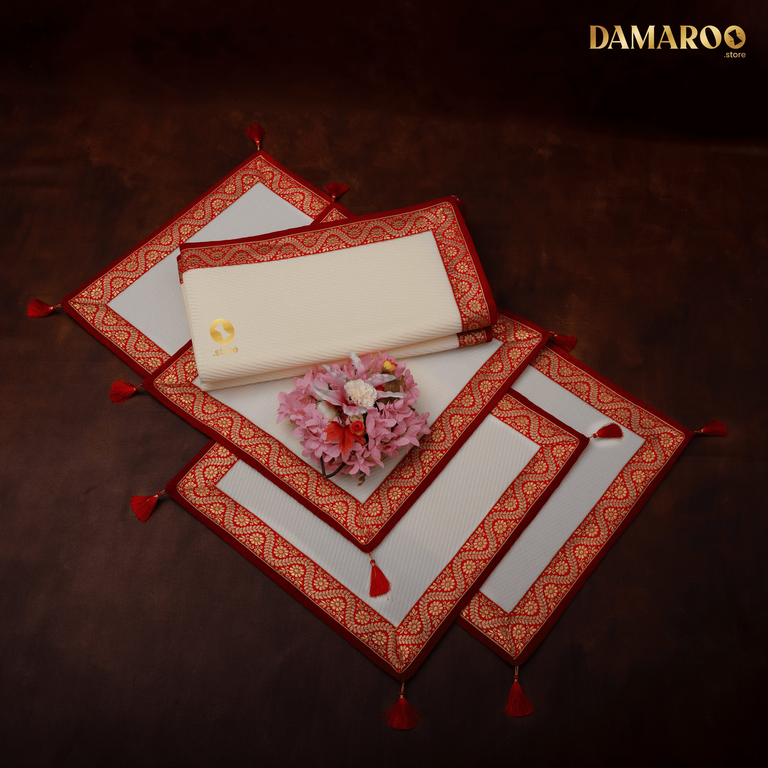 Damaroo Combo Pack of 4 | Graceful Nylon Pooja Aasan & Mat | Red & Subtle Golden Trim & Tassels - Cream - 2x2 ft, 2x4 ft & 4x6 ft