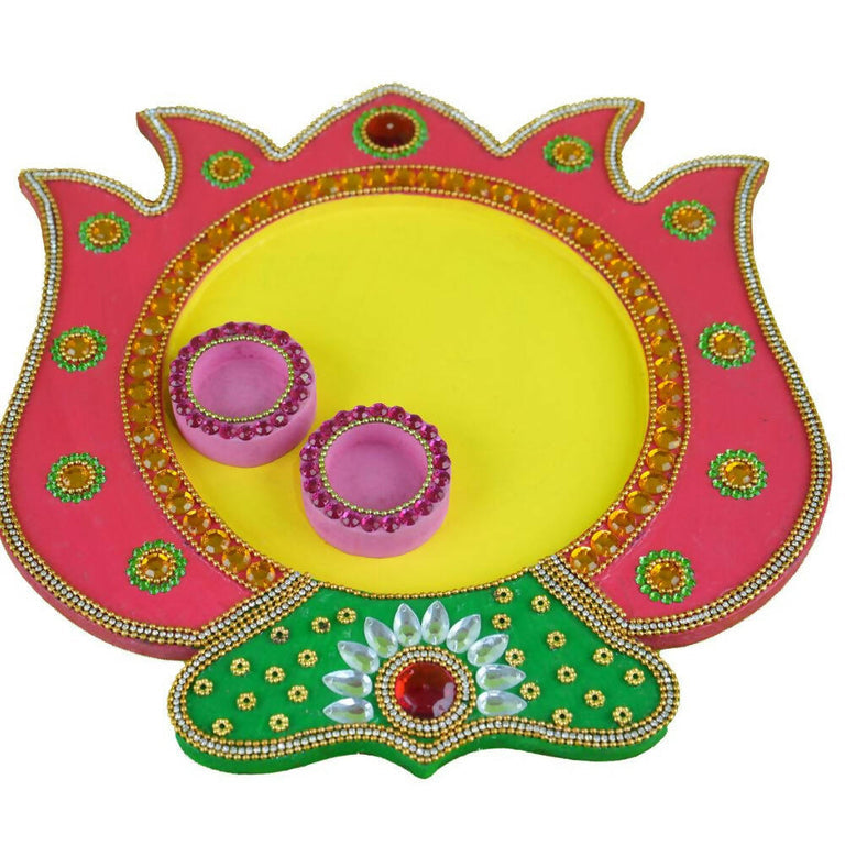Kundan HandiKrafts Mdf Lotus Pooja Thalis - Pink