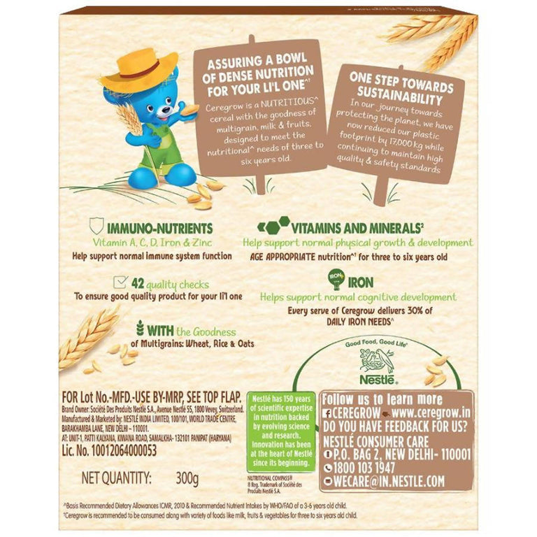 Nestle Ceregrow Kids (2-6 yrs) Cereal-Multigrain, Milk & Fruits, Rich in Iron, Calcium & Protein - 300 gm - Pack of 1