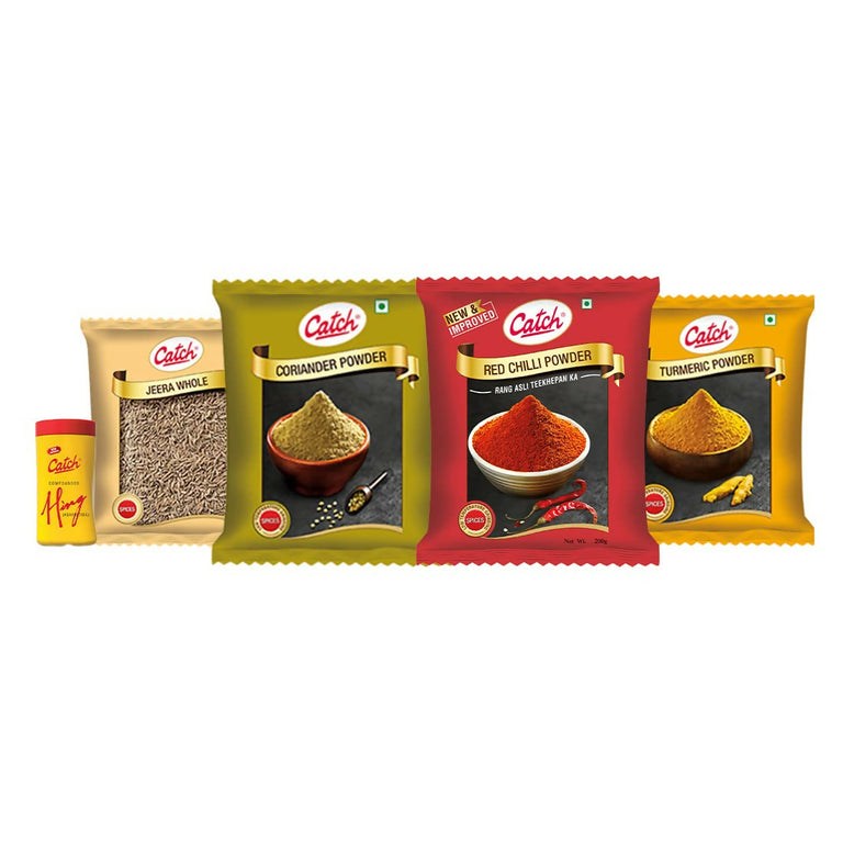 Catch Masala & Spices Combo Five Pack - Coriander Powder 200 gms + Turmeric Powder 200 gms + Red Chilli Powder 200 gms + Cumin Whole 200 gms + Hing 50 gms - combo
