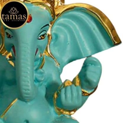 Tamas Gold-Polished Gaj Karna Ganesh Idol Flora Blue & Gold Color - 158 gm