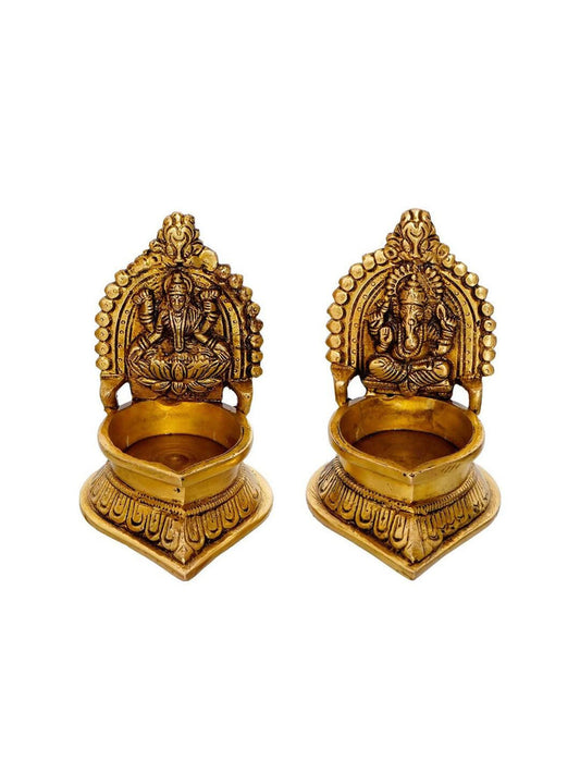 eCraftIndia Set of 2 Gold-Toned Handcrafted Brass Laxmi Ganesha Idol Deepak