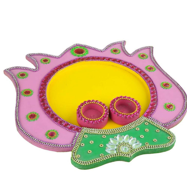 Kundan HandiKrafts Mdf Lotus Pooja Thalis - Baby Pink