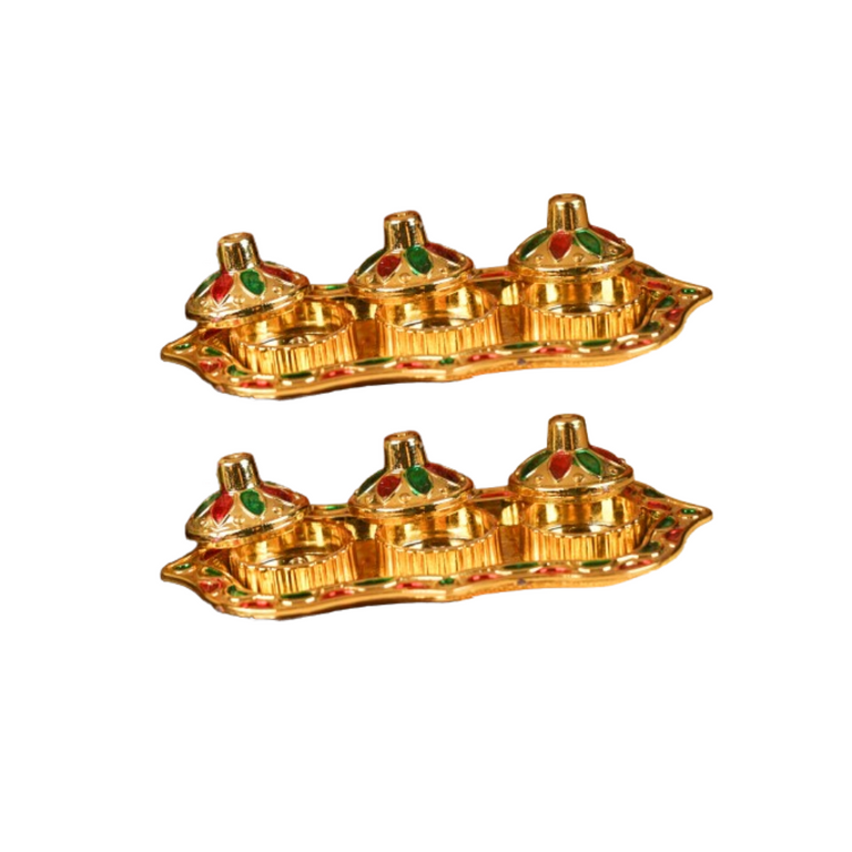Sri Rudra Fiber Gold Kumkum Haldi Chandan Tray (SR 01962) - Pack of 2