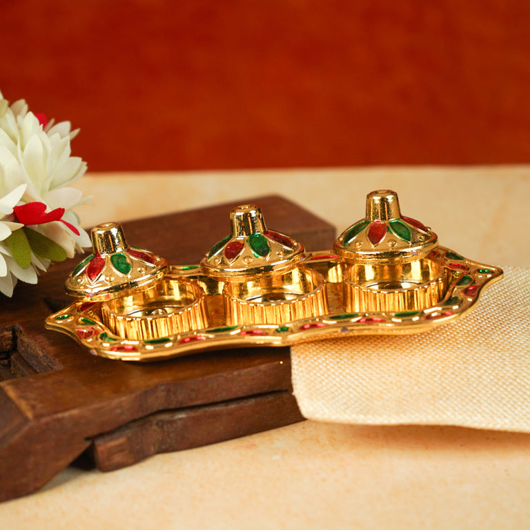 Sri Rudra Fiber Gold Kumkum Haldi Chandan Tray (SR 01962) - Pack of 2