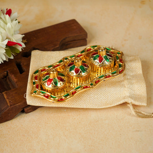Sri Rudra Fiber Gold Kumkum Haldi Chandan Tray (SR 01962) - Pack of 2
