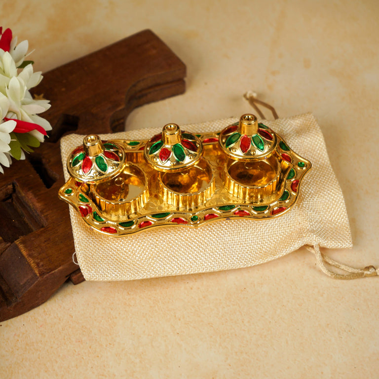 Sri Rudra Fiber Gold Kumkum Haldi Chandan Tray (SR 01962) - Pack of 2