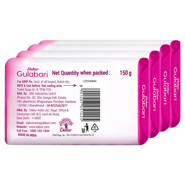 Dabur Gulabari Pure Rose Soap for Radiant Rose Glowing Skin & Body - 150 gm - Pack of 4