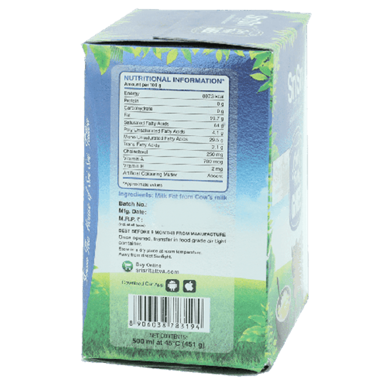 Sri Sri Tattva Cow's Pure Ghee | Pure Cow Ghee for Better Digestion and Immunity | Pure A2 Cow Ghee - 500 ml - Pack of 1