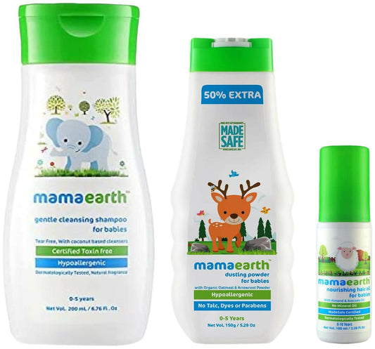 Mamaearth Nourishing Hair Oil & Dusting Powder & Gentle Cleansing Baby Shampoo - combo