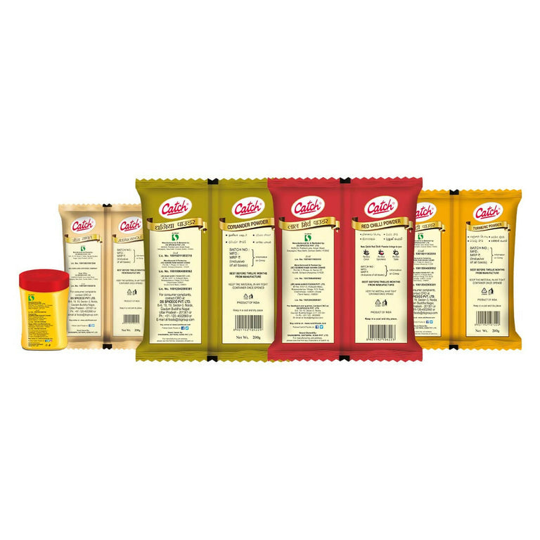 Catch Masala & Spices Combo Five Pack - Coriander Powder 200 gms + Turmeric Powder 200 gms + Red Chilli Powder 200 gms + Cumin Whole 200 gms + Hing 50 gms - combo
