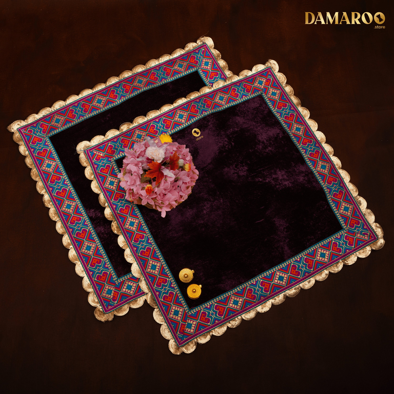 Damaroo Set of 2 | 2x2 ft | Makhmali Magic: Velvety Anti-Skid Pooja Aasan | Jacquard Zari Trim - Aubergine - 2x2 ft - 24x24 inch