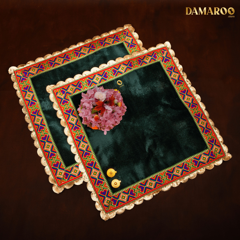 Damaroo Set of 2 | 2x2 ft | Makhmali Magic: Velvety Anti-Skid Pooja Aasan | Jacquard Zari Trim - Bottle Green - 2x2 ft - 24x24 inch