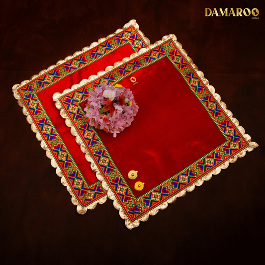 Damaroo Set of 2 | 2x2 ft | Makhmali Magic: Velvety Anti-Skid Pooja Aasan | Jacquard Zari Trim - Kumkum Red - 2x2 ft - 24x24 inch