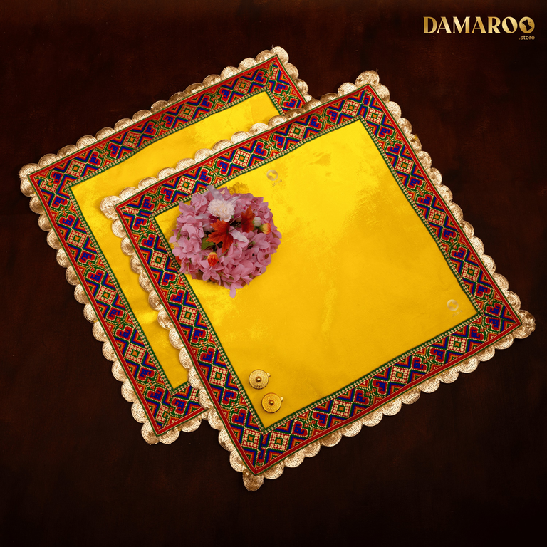 Damaroo Set of 2 | 2x2 ft | Makhmali Magic: Velvety Anti-Skid Pooja Aasan | Jacquard Zari Trim - Lemon Yellow - 2x2 ft - 24x24 inch