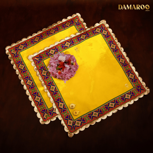 Damaroo Set of 2 | 2x2 ft | Makhmali Magic: Velvety Anti-Skid Pooja Aasan | Jacquard Zari Trim - Lemon Yellow - 2x2 ft - 24x24 inch