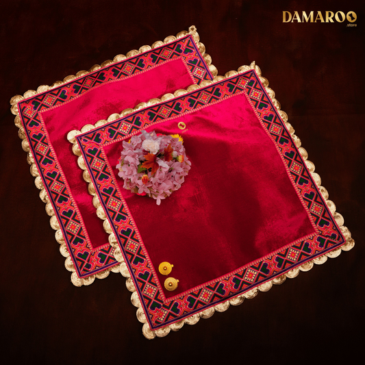 Damaroo Set of 2 | 2x2 ft | Makhmali Magic: Velvety Anti-Skid Pooja Aasan | Jacquard Zari Trim - Pink - 2x2 ft - 24x24 inch