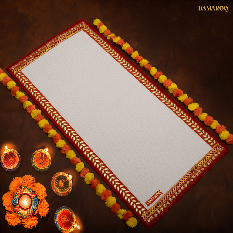 Damaroo 2x4 ft | Majestic Nylon Pooja Mat | Orange Sequins & Gotapatti Border - White - 2x4 ft - 24x48 inch