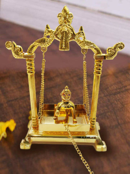CraftVatika Gold Toned Aluminium Swing Jhula With Ladoo Gopal