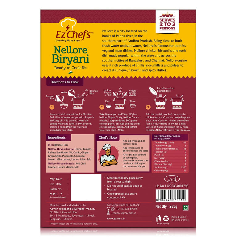 Ez Chef's Nellore Biryani Kit (Andhra Biryani) - Andhra's Famous Biryani - 305 gm - Pack of 2