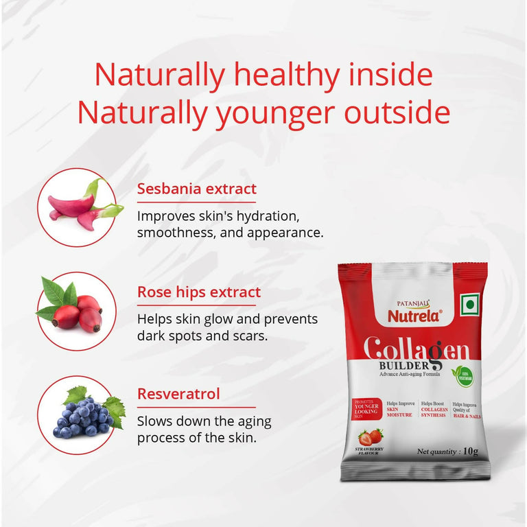Patanjali Nutrela Collagen Builder Powder - Strawberry Flavour - 15 Sachets