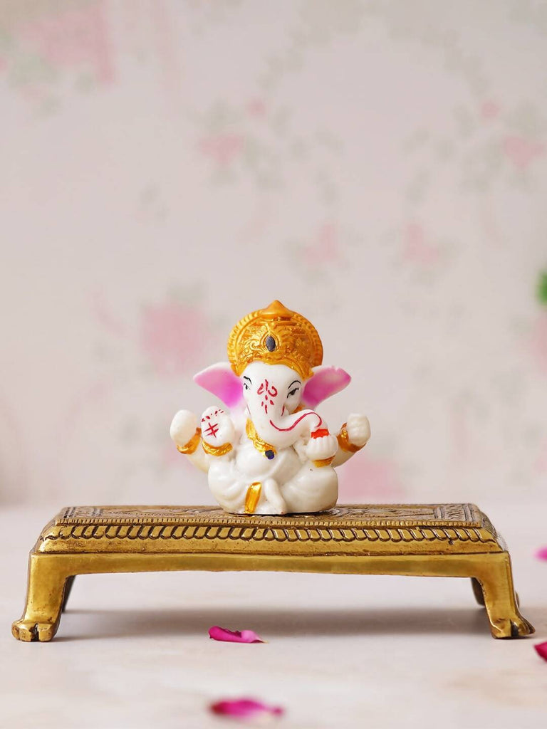 eCraftIndia Beige Lotus Flowers Engraved Pooja Chowki