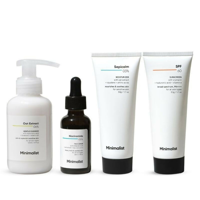 Minimalist Daily Skincare Routine For Sensitive Skin & Damaged Barrier CSMS (Cleanser, Serum, Moisturizer, Sunscreen) Combo - combo