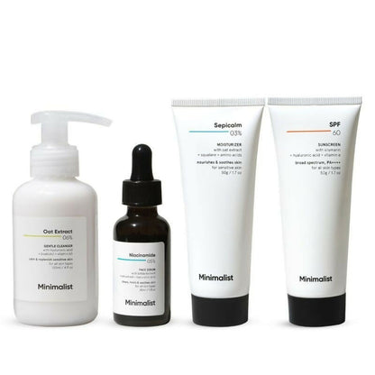 Minimalist Daily Skincare Routine For Sensitive Skin & Damaged Barrier CSMS (Cleanser, Serum, Moisturizer, Sunscreen) Combo - combo
