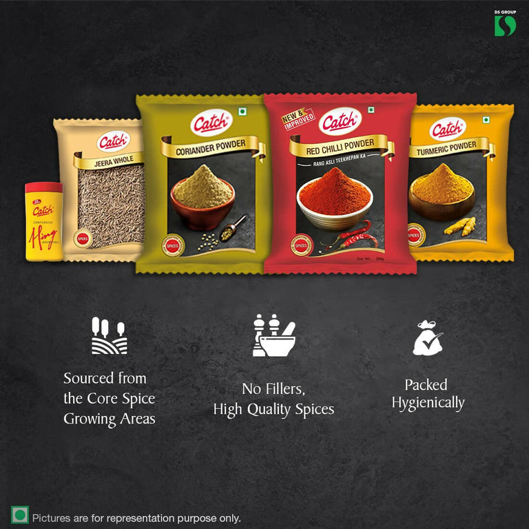 Catch Masala & Spices Combo Five Pack - Coriander Powder 200 gms + Turmeric Powder 200 gms + Red Chilli Powder 200 gms + Cumin Whole 200 gms + Hing 50 gms - combo