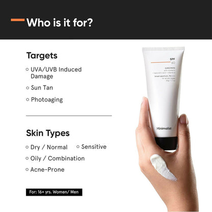 Minimalist Sunscreen SPF 60 PA ++++ For Sensitive Skin Broad Spectrum Sunscreen With Potent Antioxidants & Advanced Filters - 50 gm