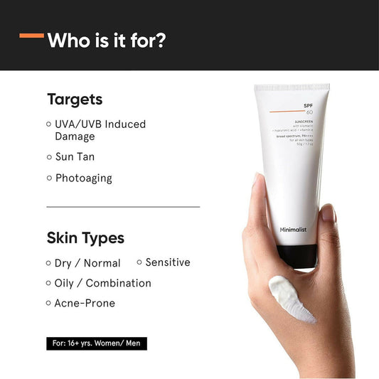 Minimalist Sunscreen SPF 60 PA ++++ For Sensitive Skin Broad Spectrum Sunscreen With Potent Antioxidants & Advanced Filters - 50 gm