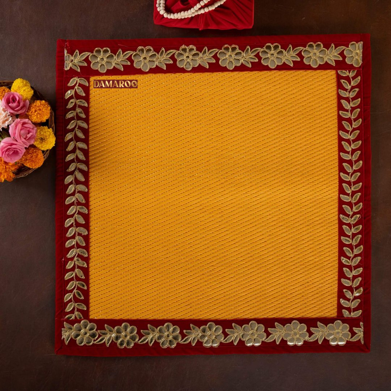 Damaroo Set of 2 | 2x2 ft | Classic Nylon Pooja Aasan | Red Gotapatti Border - Mango Yellow - 2x2 ft - 24x24 inch